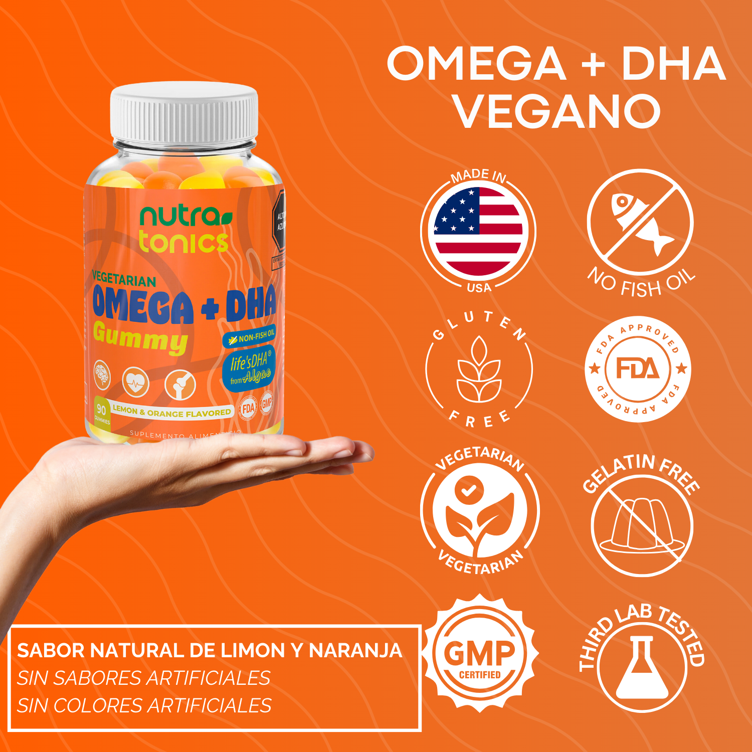 OMEGA + DHA VEGANO 90 GOMITAS NUTRATONICS – SIN ACEITE DE PESCADO, NO GMO, SABOR A LIMÓN Y NARANJA MADE IN USA
