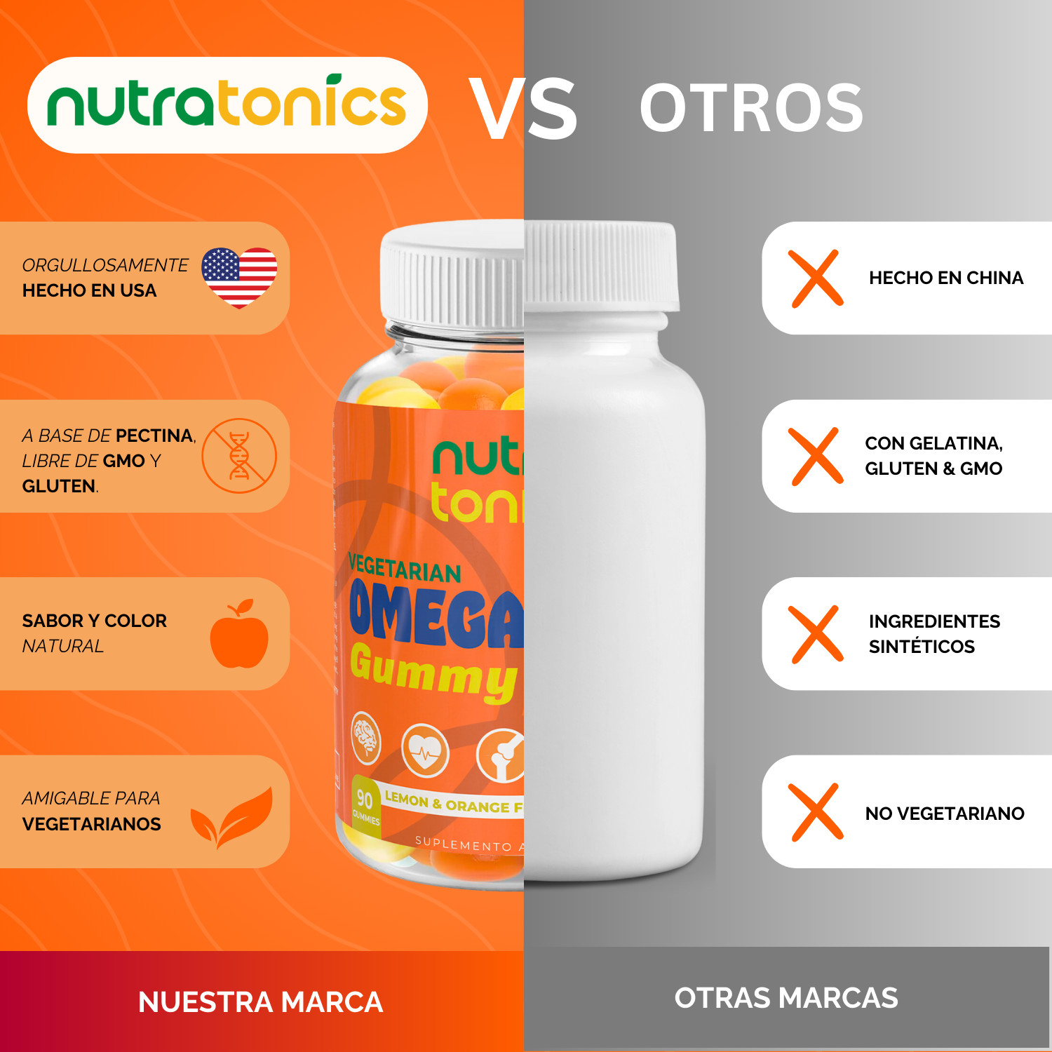 OMEGA + DHA VEGANO 90 GOMITAS NUTRATONICS – SIN ACEITE DE PESCADO, NO GMO, SABOR A LIMÓN Y NARANJA MADE IN USA