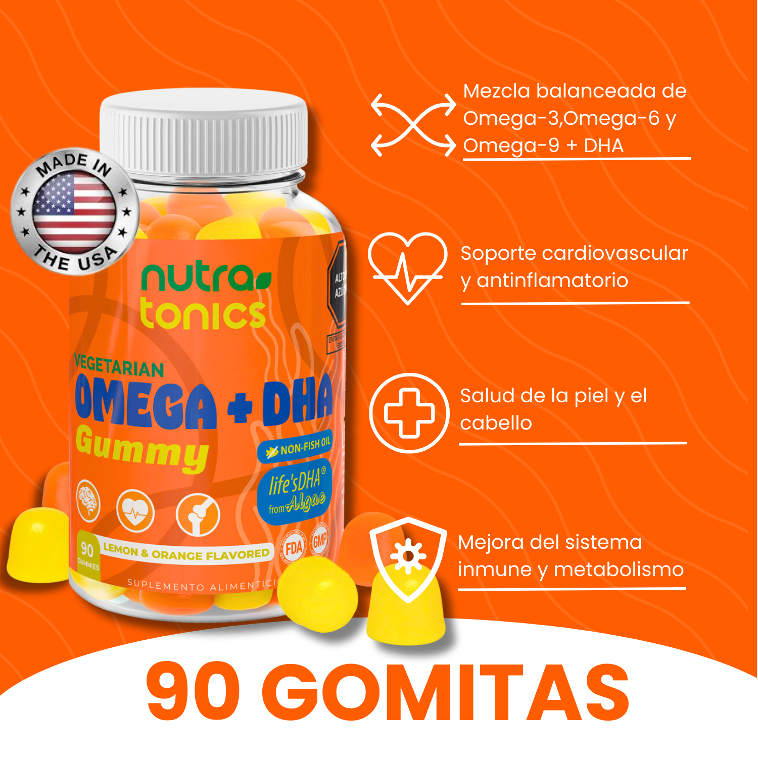 OMEGA + DHA VEGANO 90 GOMITAS NUTRATONICS – SIN ACEITE DE PESCADO, NO GMO, SABOR A LIMÓN Y NARANJA MADE IN USA
