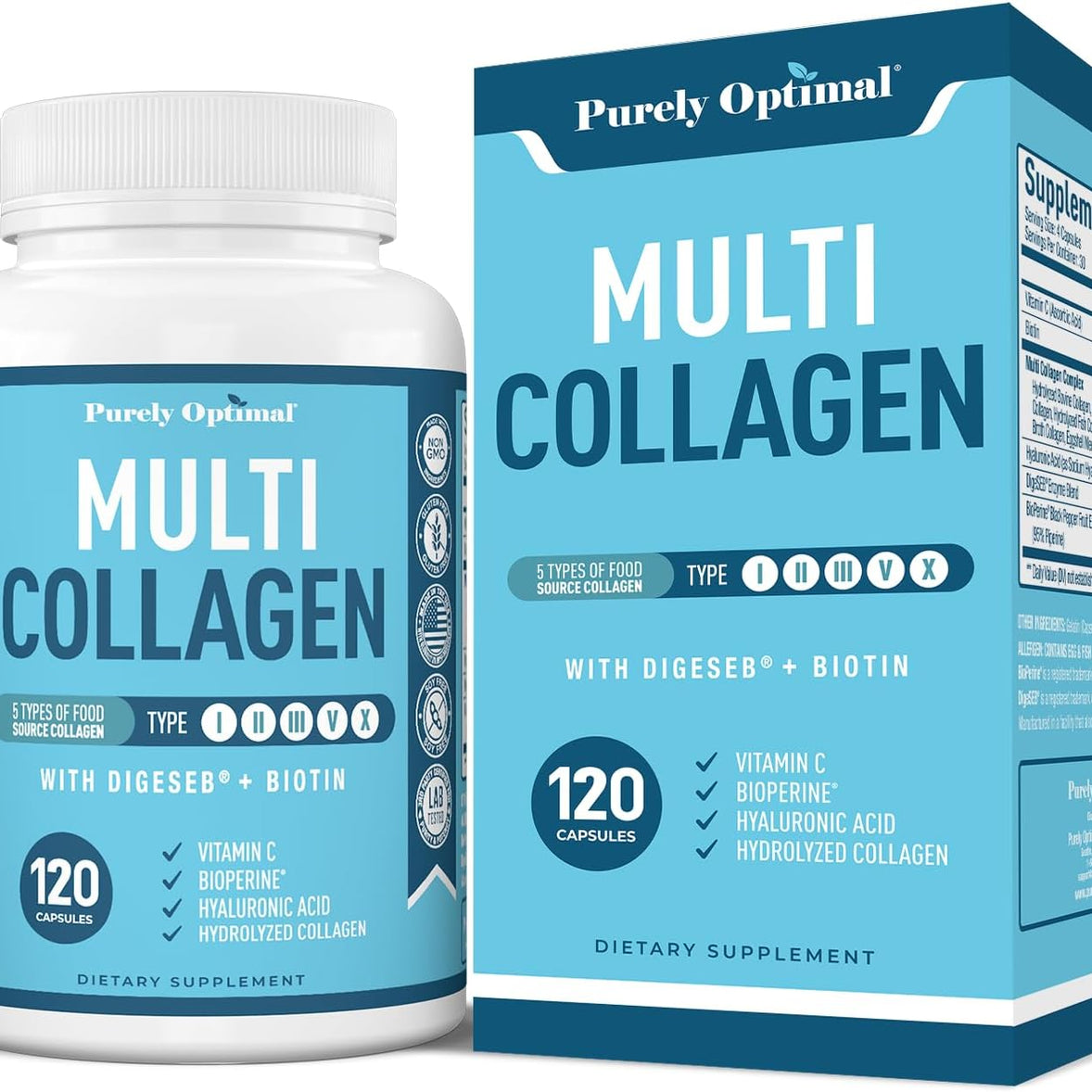 MULTI COLÁGENO 5 TIPOS + BIOTINA  2000 MG  120 CÁPSULAS NO GMO PURELY OPTIMAL