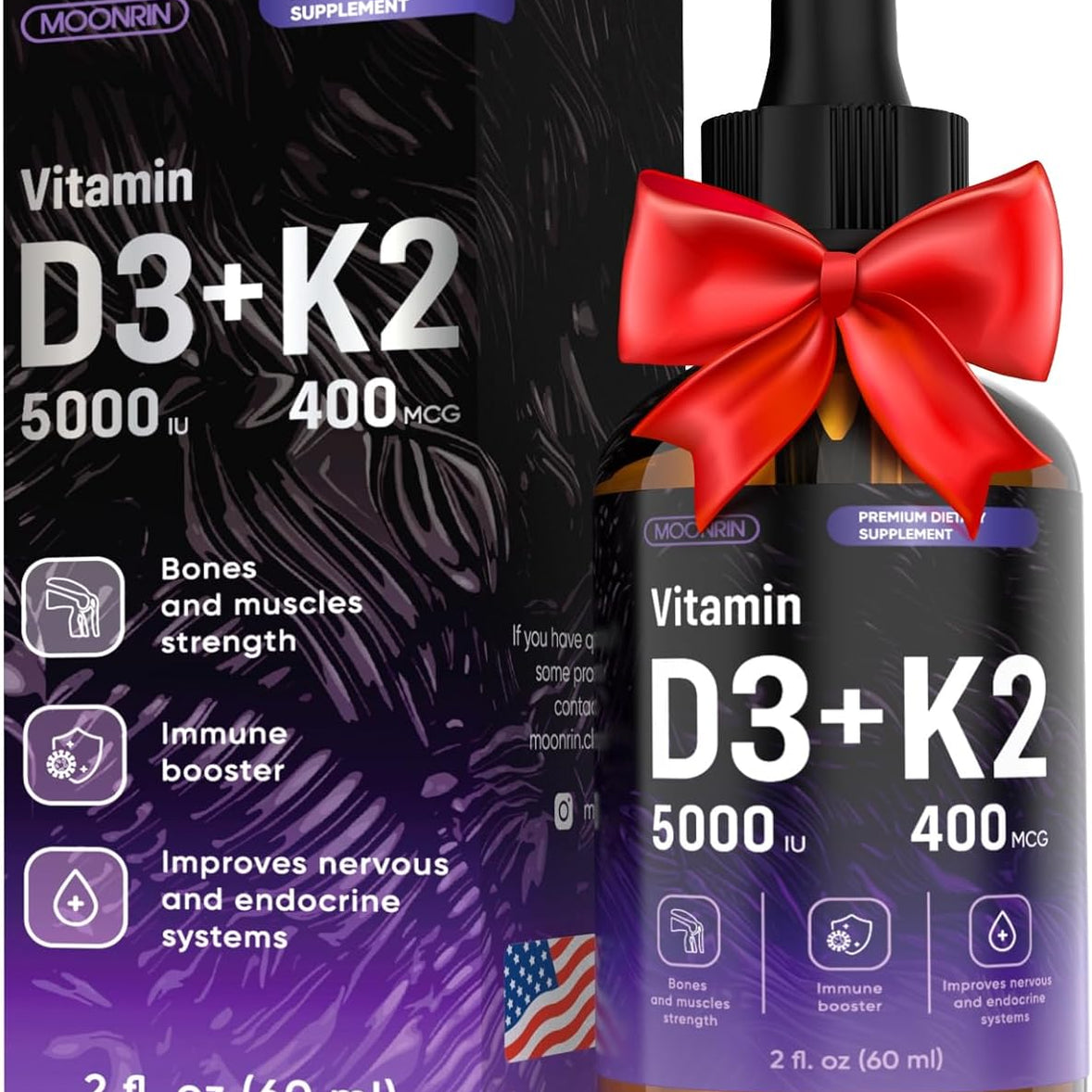 VITAMINA D3 K2 + OMEGA 3 5000IU 400 MCG 60 ML GOTAS SIN GMO VEGANO MOONRIN