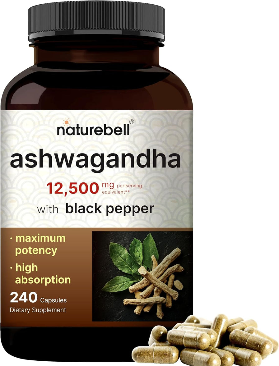 ASHWAGANDHA NATUREBELL 12500 MG 240 CAPSULAS NO GMO CON PIMIENTA NEGRA