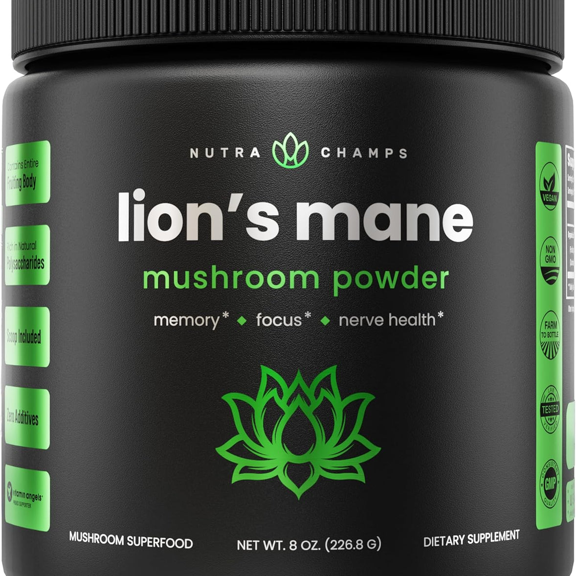 LIONS MANE EN POLVO 2000 MG 226.8 G VEGANO NO GMO NUTRA CHAMPS